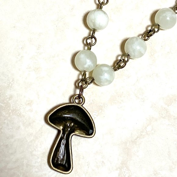 Natural Pale Green Serpentine Necklace, Bronze Slim Mushroom + Genuine Gemstone - Picture 8 of 14